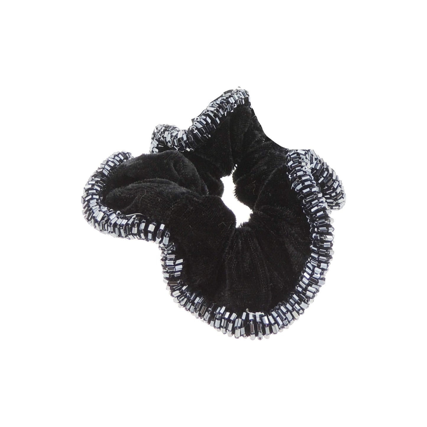 Womens Girls Black Velvet Beaded Fabric Evening Christmas Birthday Bridal Wedding Bridesmaid Party Ponio Hair Tie Up Back Elastic Accessories Bobbles Ponytail Holder Rubber Bands Scrunchie Grey Beads