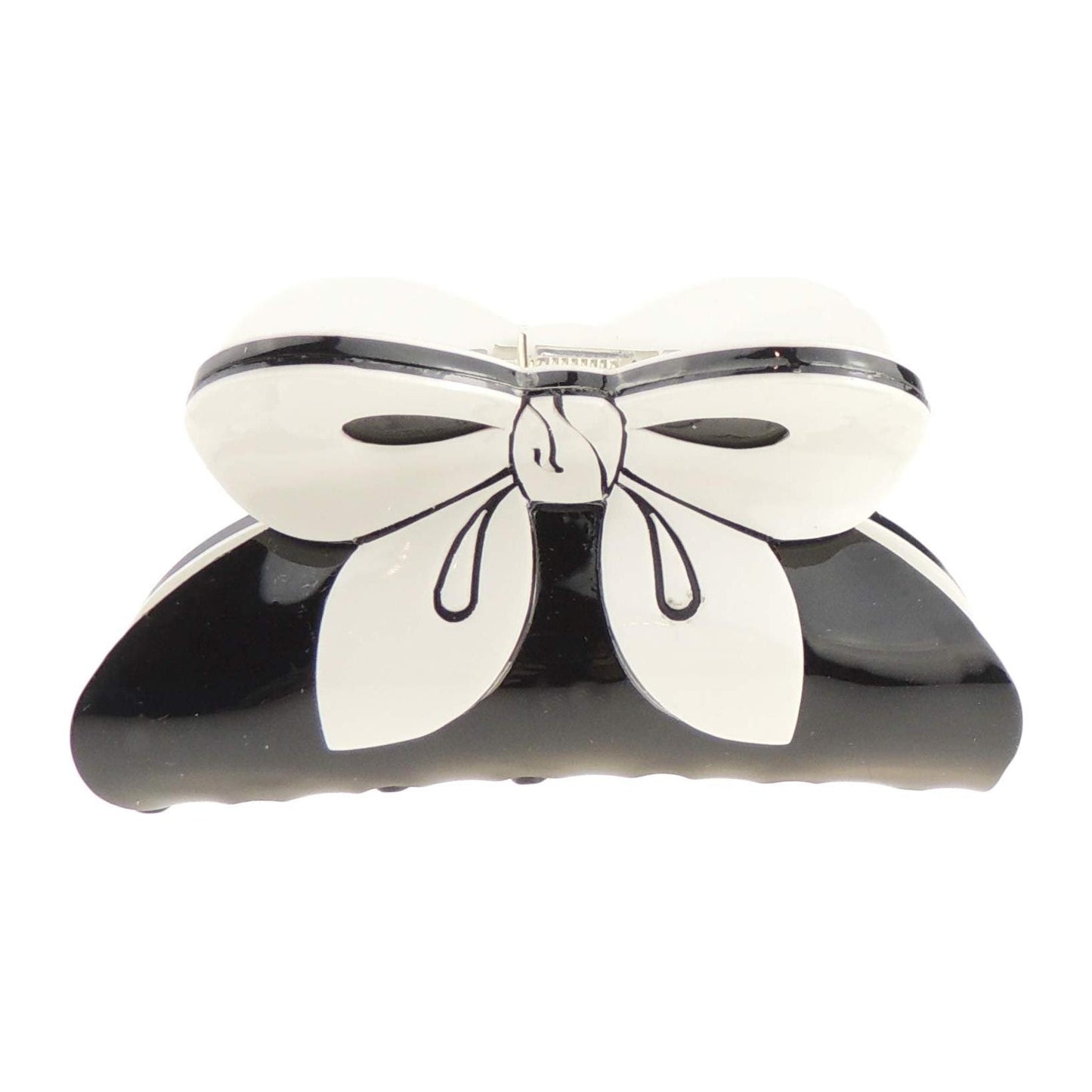 Strong Womens Girls Bulldog Wave Jaw Clip Octopus Clamp Grip Bridal Wedding Party Birthday Christmas Summer Styling Short Long Hair Claw Black White Print Bow Ribbon (Black Bow)