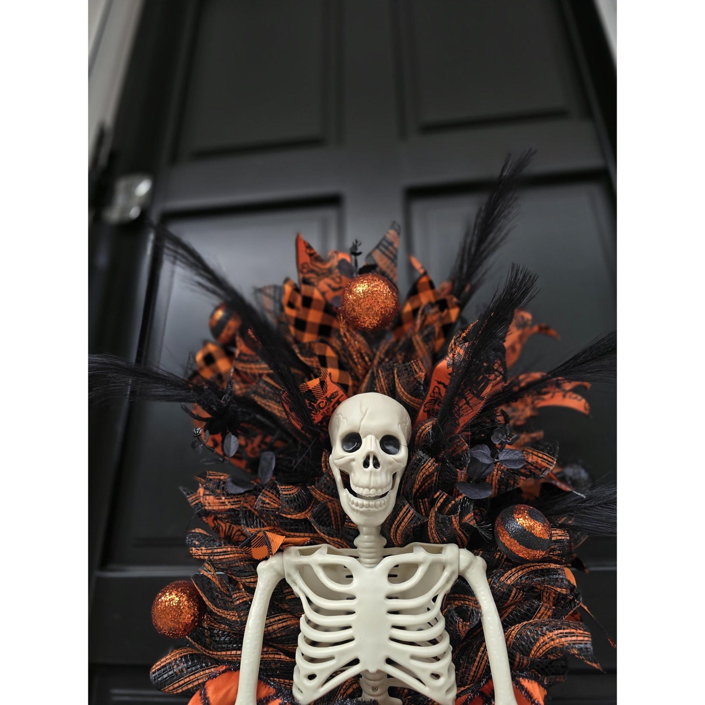 XXL Skeleton Orange Halloween Front Door Wreath Gothic Hanger Wall Porch Hanger Handmade House Home Decor Decorations Whimsical Skelly Glam