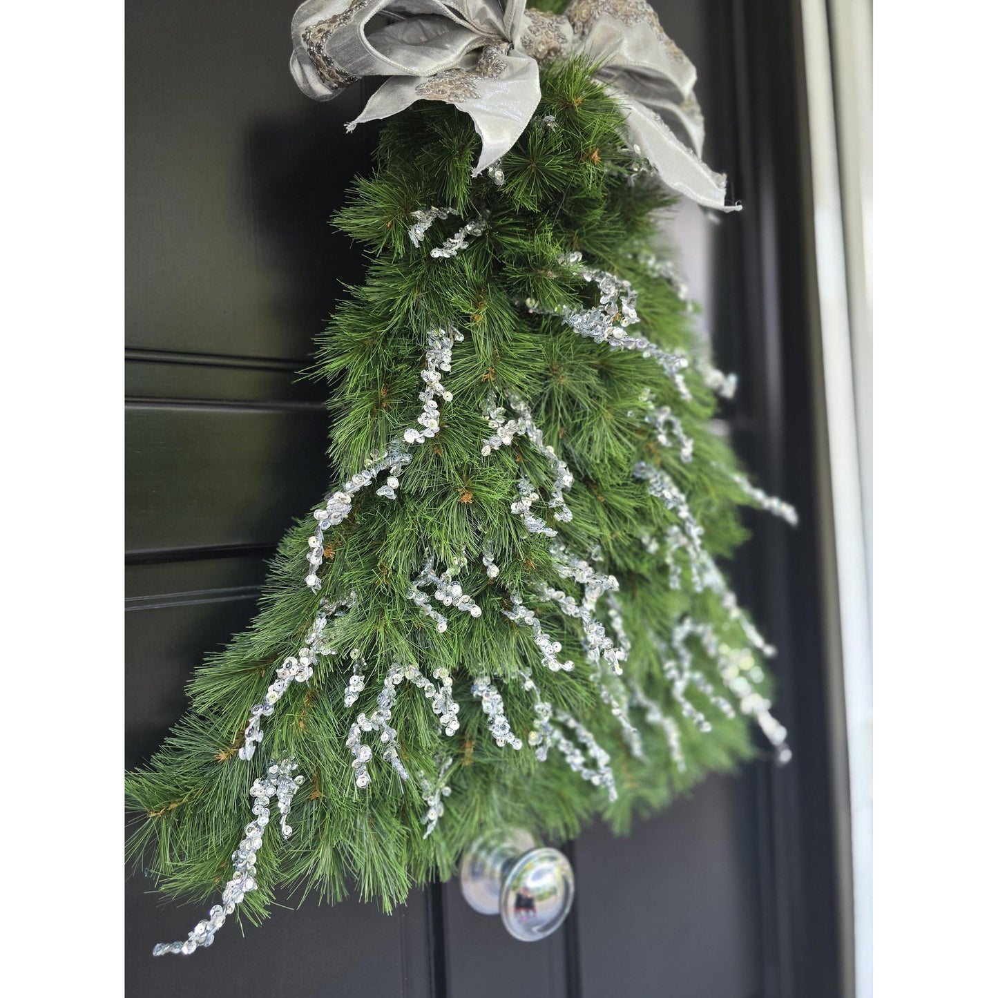 Large Luxury Christmas Tree Shaped Wreath Front Door Home Decorations Silver Green Xmas Winter Mantle Decor Porch Holiday Swag Designer Glam