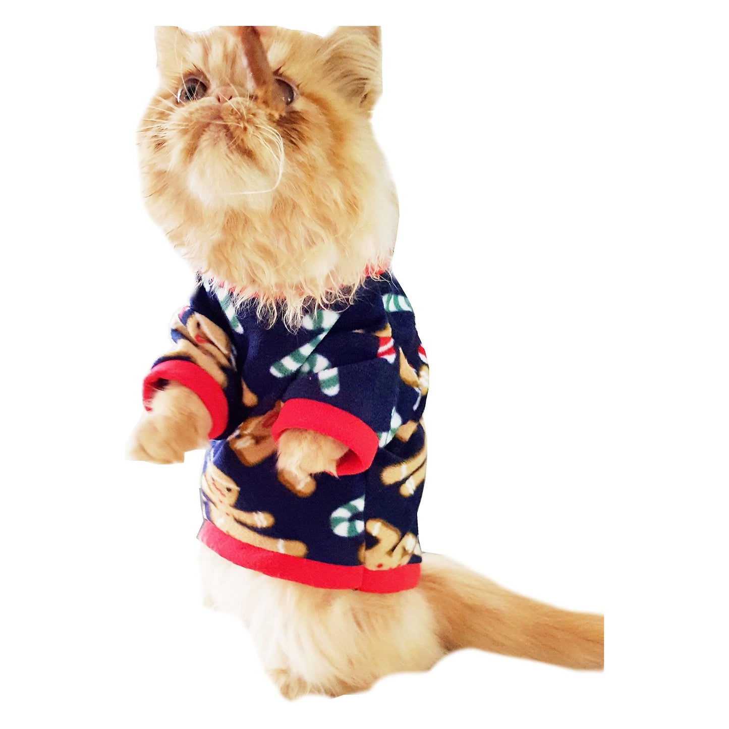 SMALL DOG ONLY Puppy Cat Christmas Outfit Fleece Winter Girl Boy Jumper Coat Clothes Hoodies Fancy Dress Costume Wedding Party Pullover Fleece Sweatshirt Navy Red Gingerbread Man Candy Canes