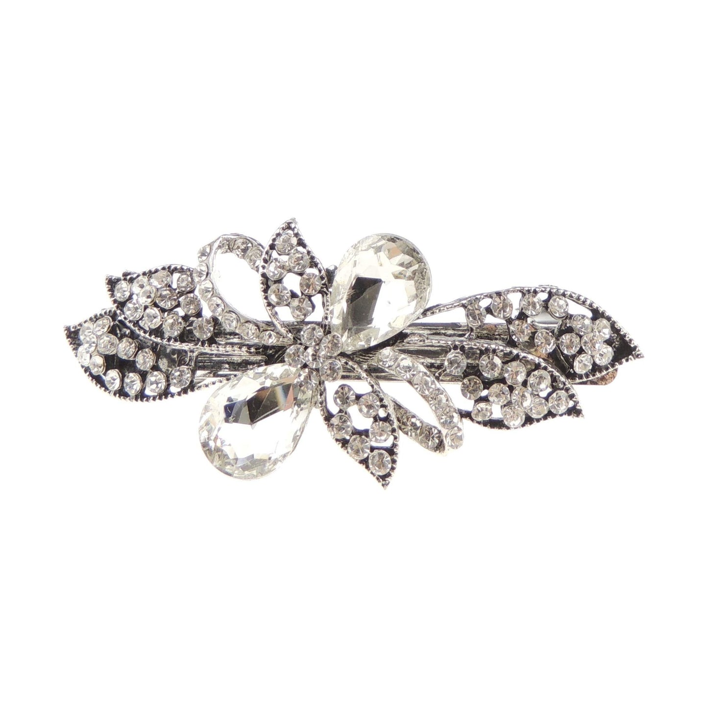 Womens Girls Crystal Rhinestone Diamante Wedding Birthday Party Evening School Ponytail Fine Medium Silver Tone Hair Accessories Occasion Barrette Hairpin Grip French Spring Clip Small Bow