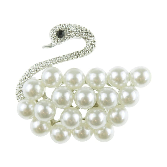 Sparkly Diamante Crystal Regal Swimming Swan Bird Faux Pearl Brooch