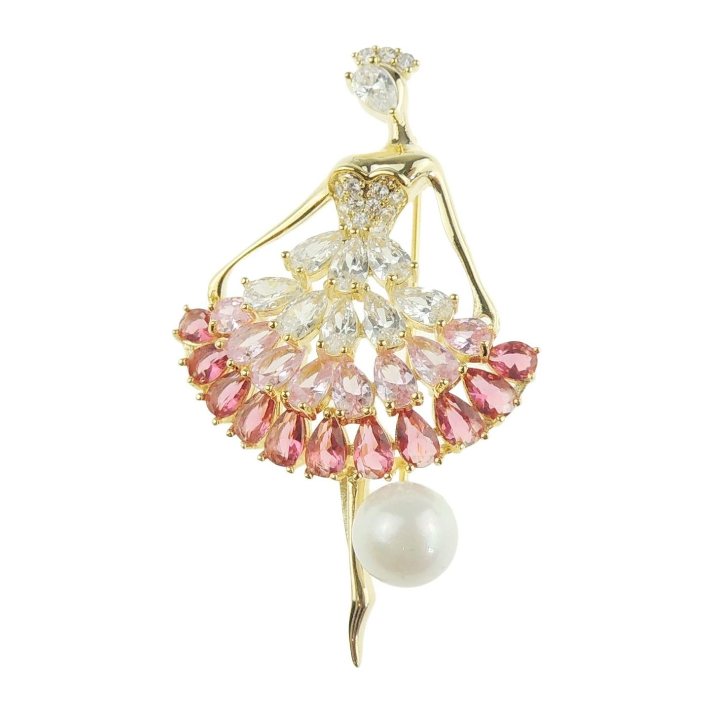 Ladies Beautiful Crystal Diamante Faux Pearl Ball Evening Lapel Brooch Dancing Lady Ballerina Tutu (Pink Silver Tone)
