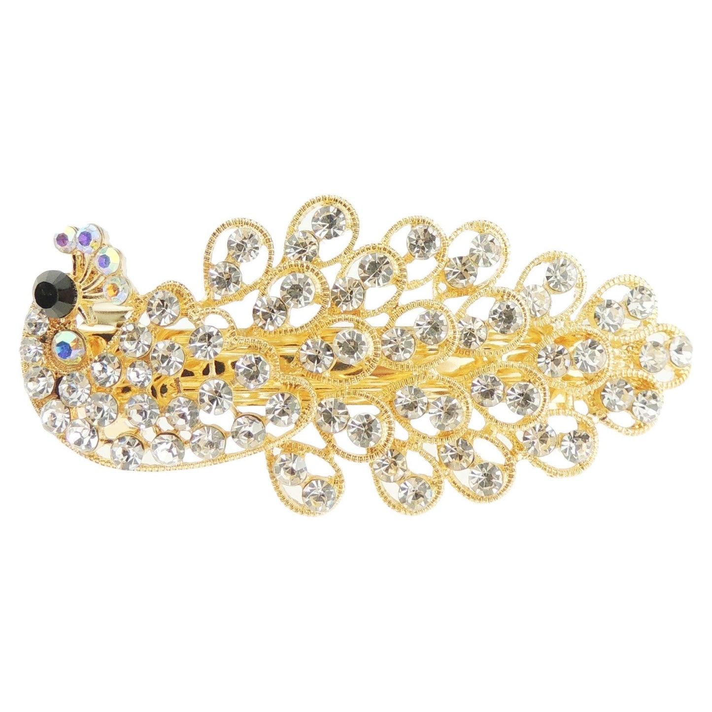 Sparkly Womens Girls Crystal Rhinestone Diamante Wedding Bridal Party Evening Ponytail Fine Hair Accessories Occasion Barrette Hairpin Grip French Metal Spring Clip Peacock Bird Gold Tone (Purple)