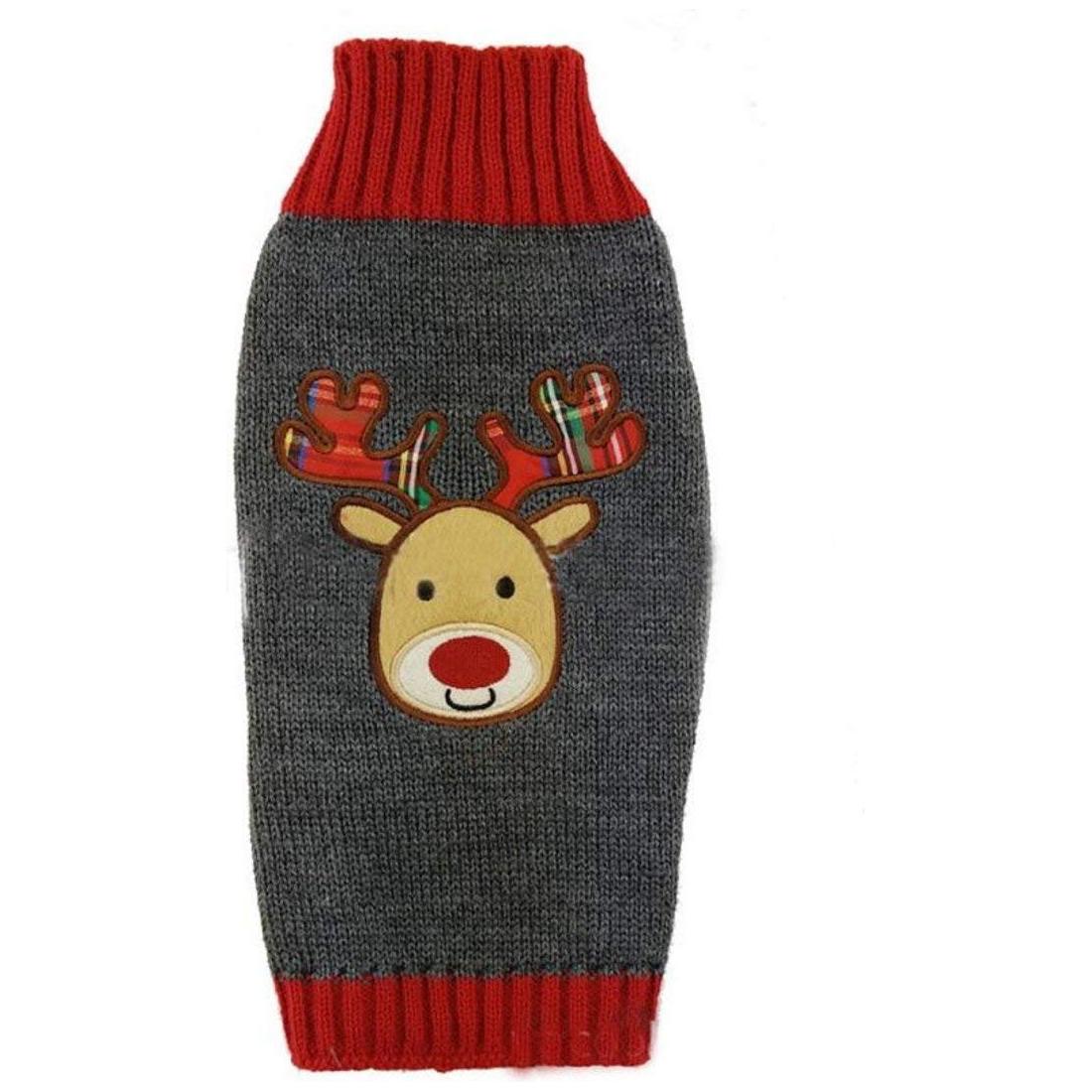 Cute Funny SMALL DOG ONLY Doggie Puppy Kitten Cat Christmas Xmas Outfit Warm Winter Girl Boy Jumper Coat Clothes Hoodies Costume Ideas Pullover Sweater Grey Red Reindeer Plaid Tartan Antlers S