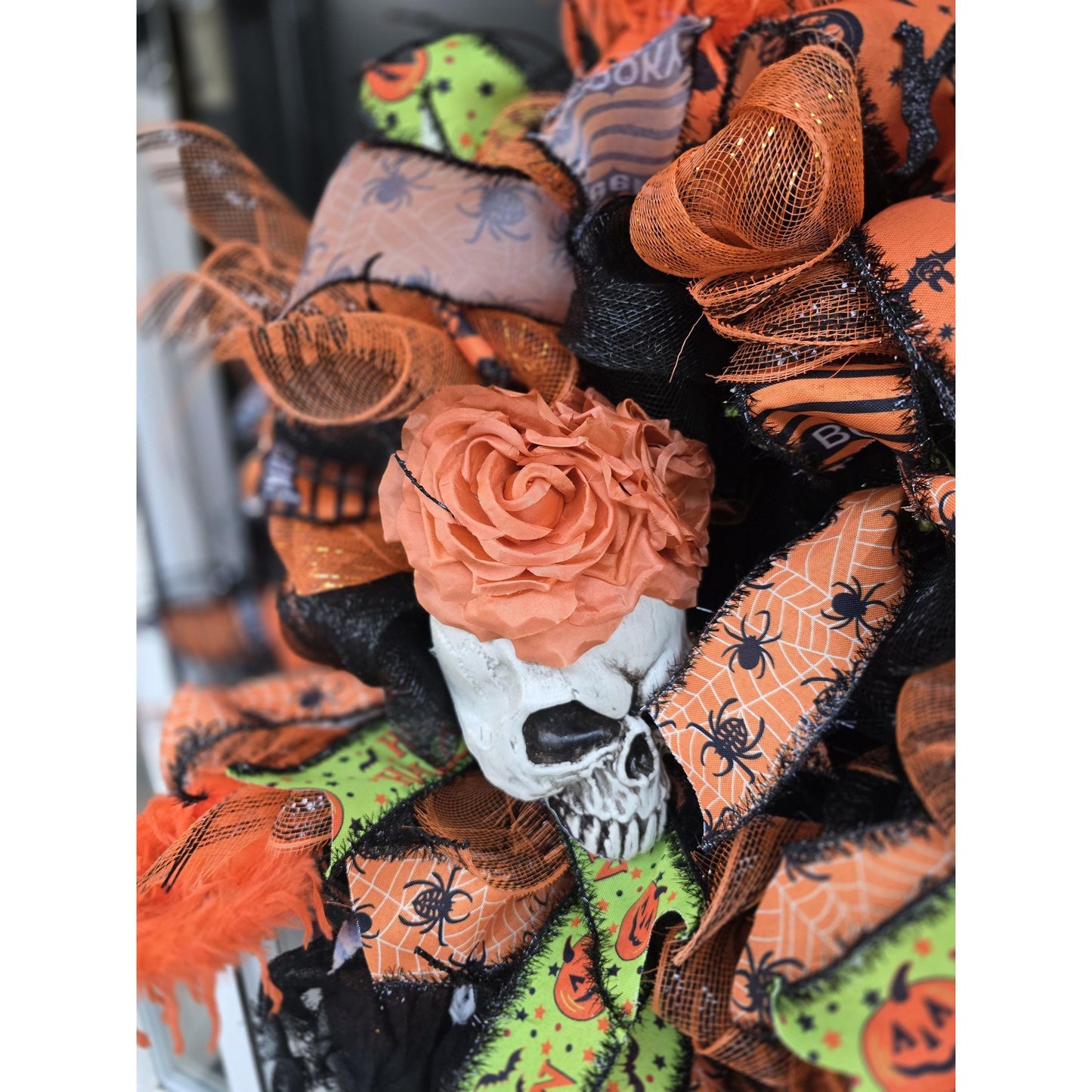 Large Halloween Front Door Wreath Spooky Hanger Black Orange Ghost Skeleton Wall Porch Hanger Handmade House Home Decor Decorations Welcome