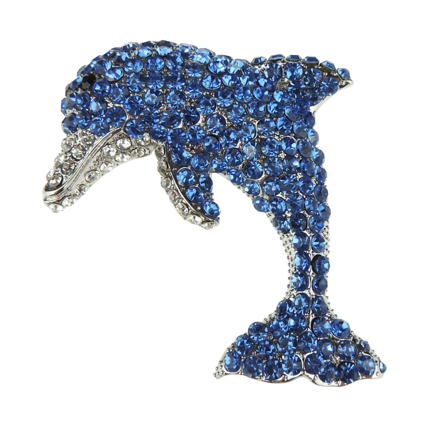 Womens Party Wedding Dress Christmas Birthday Saree Scarf Lapel Diamante Bling Crystal Brooch Badge Breastpin Corsage Pin Statement LARGE Blue Dolphin Ocean Sea Lover Silver Tone