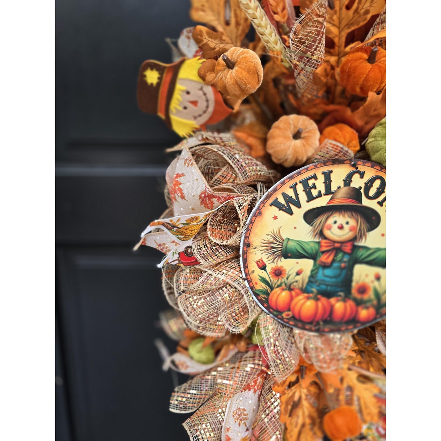 XL Autumn Fall Orange Scarecrow Harvest Front Door Wreath Luxury Rustic Wall Porch Hanger House Home Decor Decorations Thanksgiving Boho