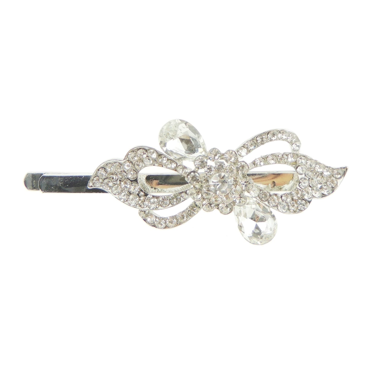 Womens Girls Extra Sparkly Bow Rhinestone Jeweled Crystal Diamante Party Birthday Christmas Bridal Wedding Accessories Slides Hairpin Hair Clips Grips Bobby Pin ONE Stencil Swirly Bow