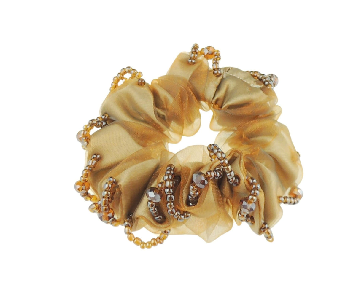 Womens Girls Chiffon Beaded Floral Fabric Scrunchie Christmas Birthday Bridal Wedding Party Ponio Hair Tie Up Back Elastic Accessories Bobbles Ponytail Holder Rubber Bands