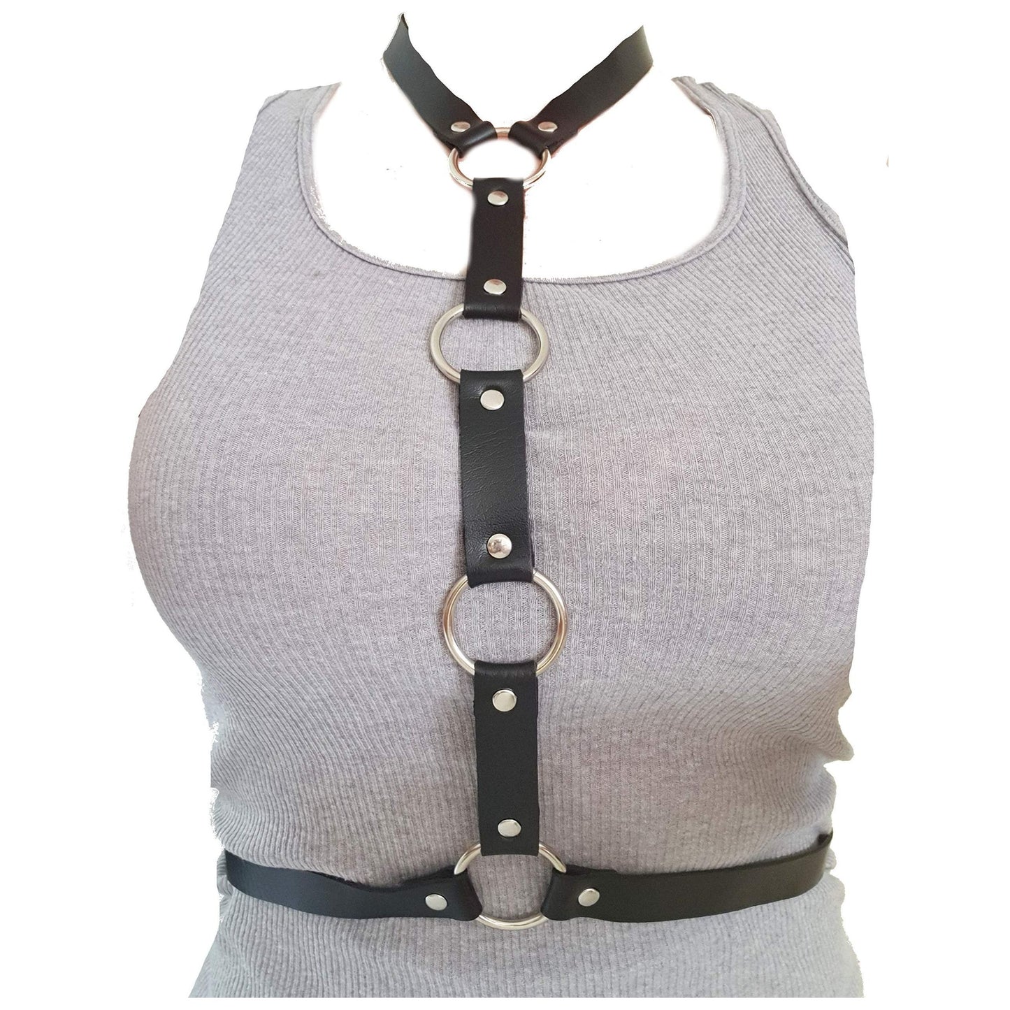 Glamour Girlz Women O Ring Studded Metal Buckle Cosplay Rave Festival Club Halloween Costume Party Biker Rock Gothic Punk Fancy Dress Body Chest Waist Cage Harness Belt Accessory