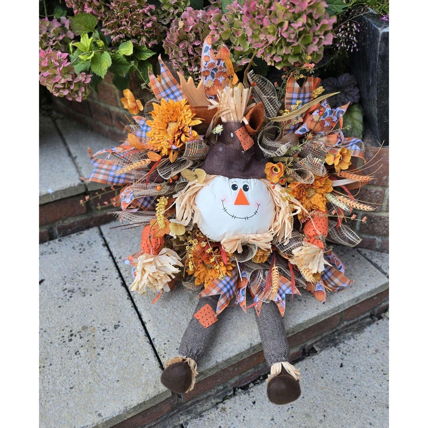 Large Autumn Fall Orange Scarecrow Harvest Front Door Wreath Luxury Rustic Wall Porch Hanger House Home Decor Decorations Thanksgiving Boho