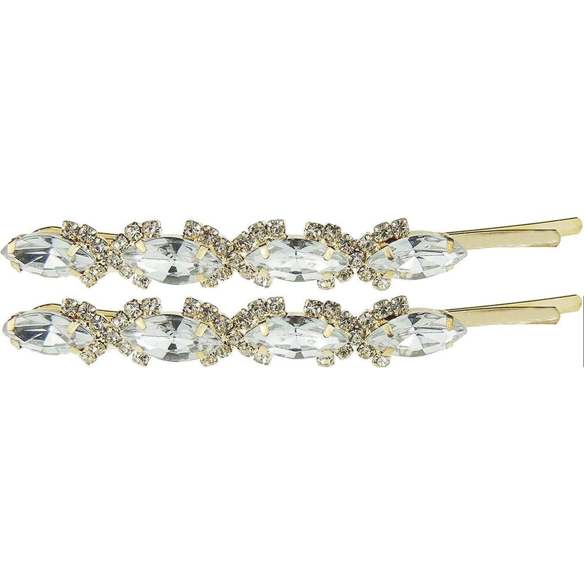 Womens Sparkly Bow Rhinestone Jeweled Crystal Diamante Party Birthday Christmas Wedding Slides Hairpin Hair Clips Grips Bobby Pins Swirls Gold Tone Stones Oval Large SET of 2