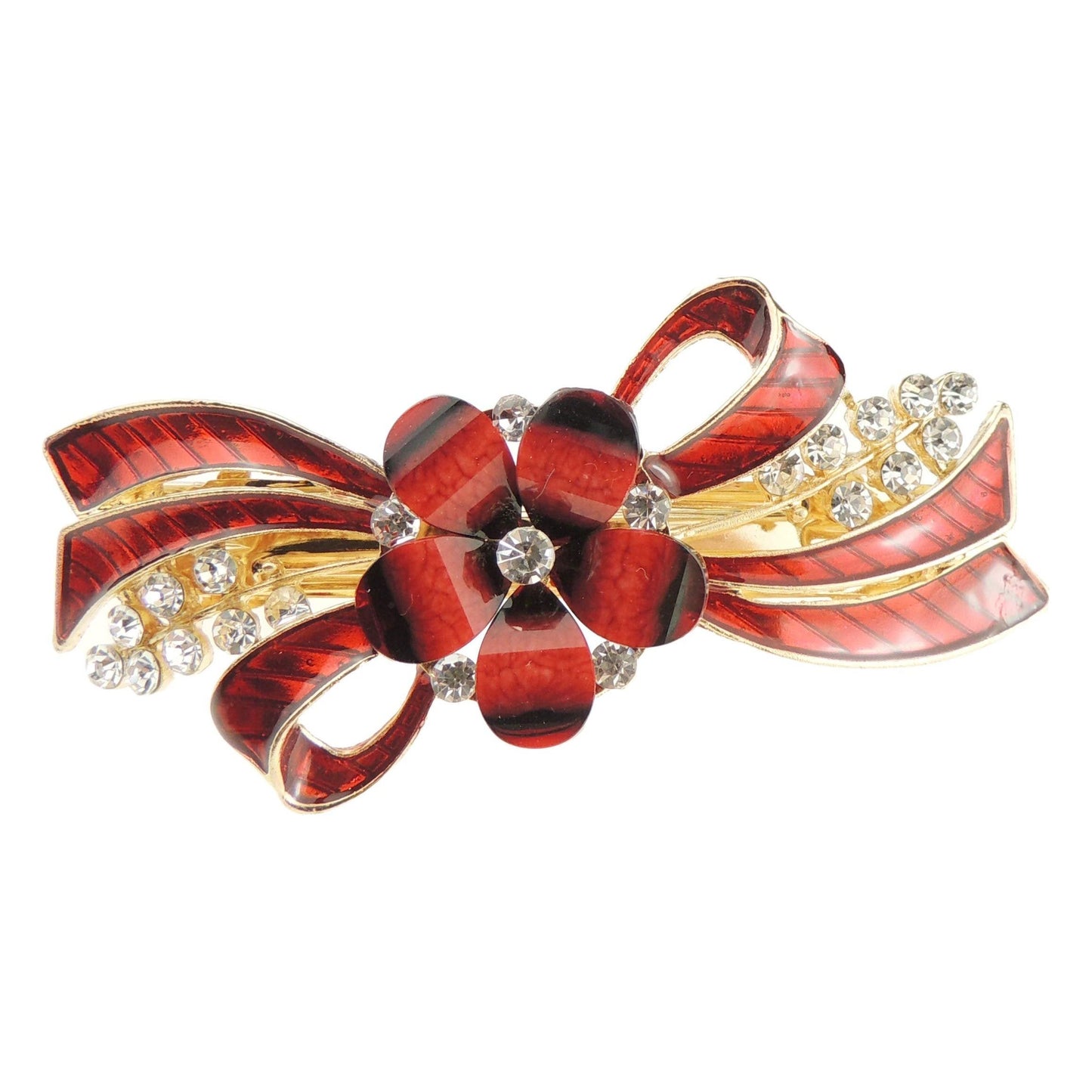 Womens Girls Crystal Rhinestone Diamante Wedding Birthday Party Evening School Ponytail Fine Medium Hair Accessories Occasion Barrette Hairpin Grip French Spring Clip Enamel Daisy Ribbon (Red)