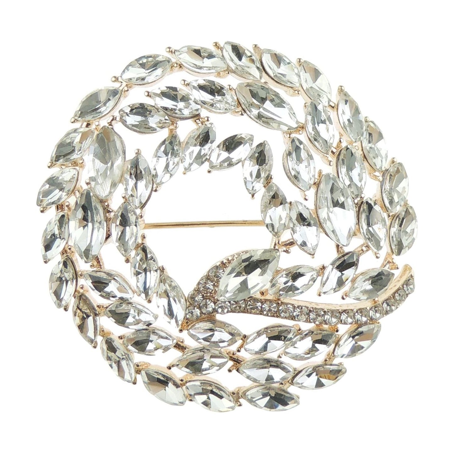 Ladies Diamante Crystal Wedding Evening Circle Brooch Wreath Leaves