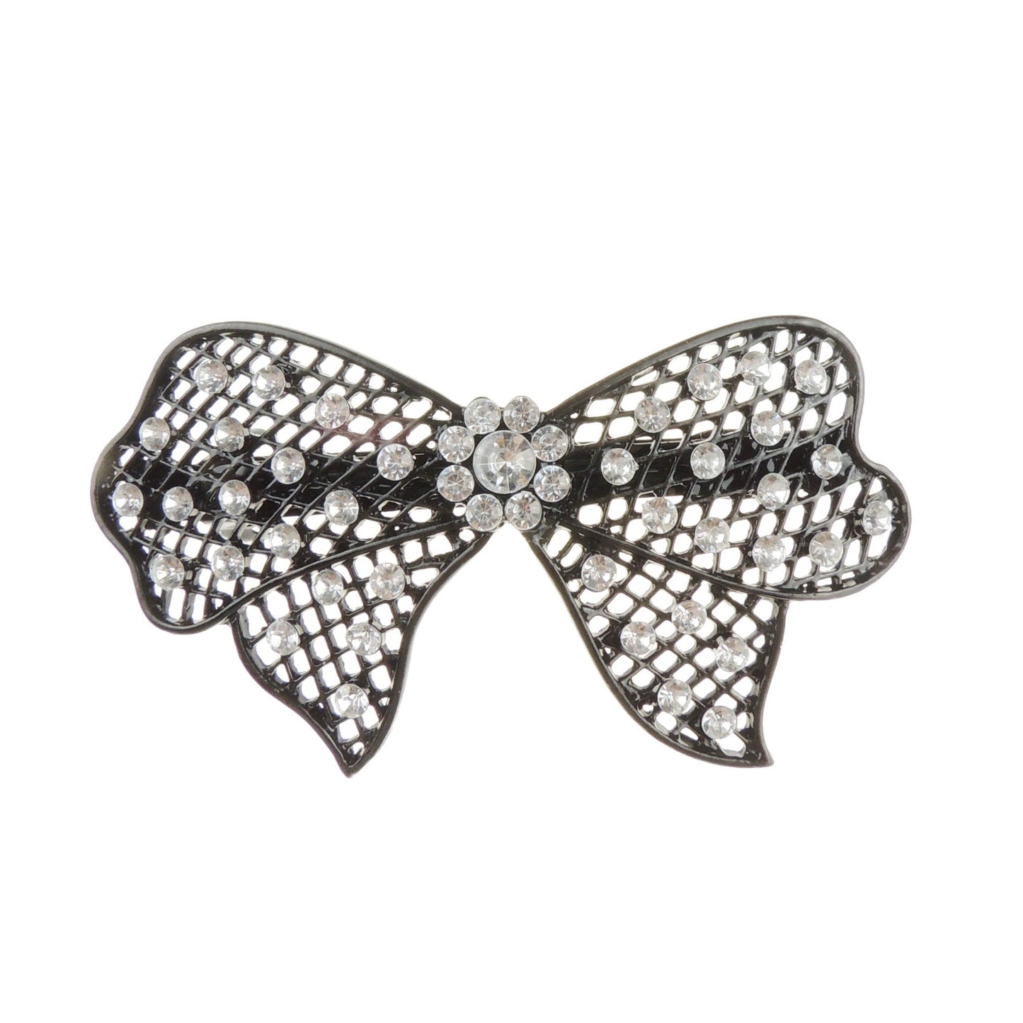 Vintage Look Womens Girls Crystal Rhinestone Diamante Wedding Bridal Party Evening Ponytail Fine Hair Accessories Occasion Barrette Hairpin Grip French Metal Spring Clip Large Black Bow