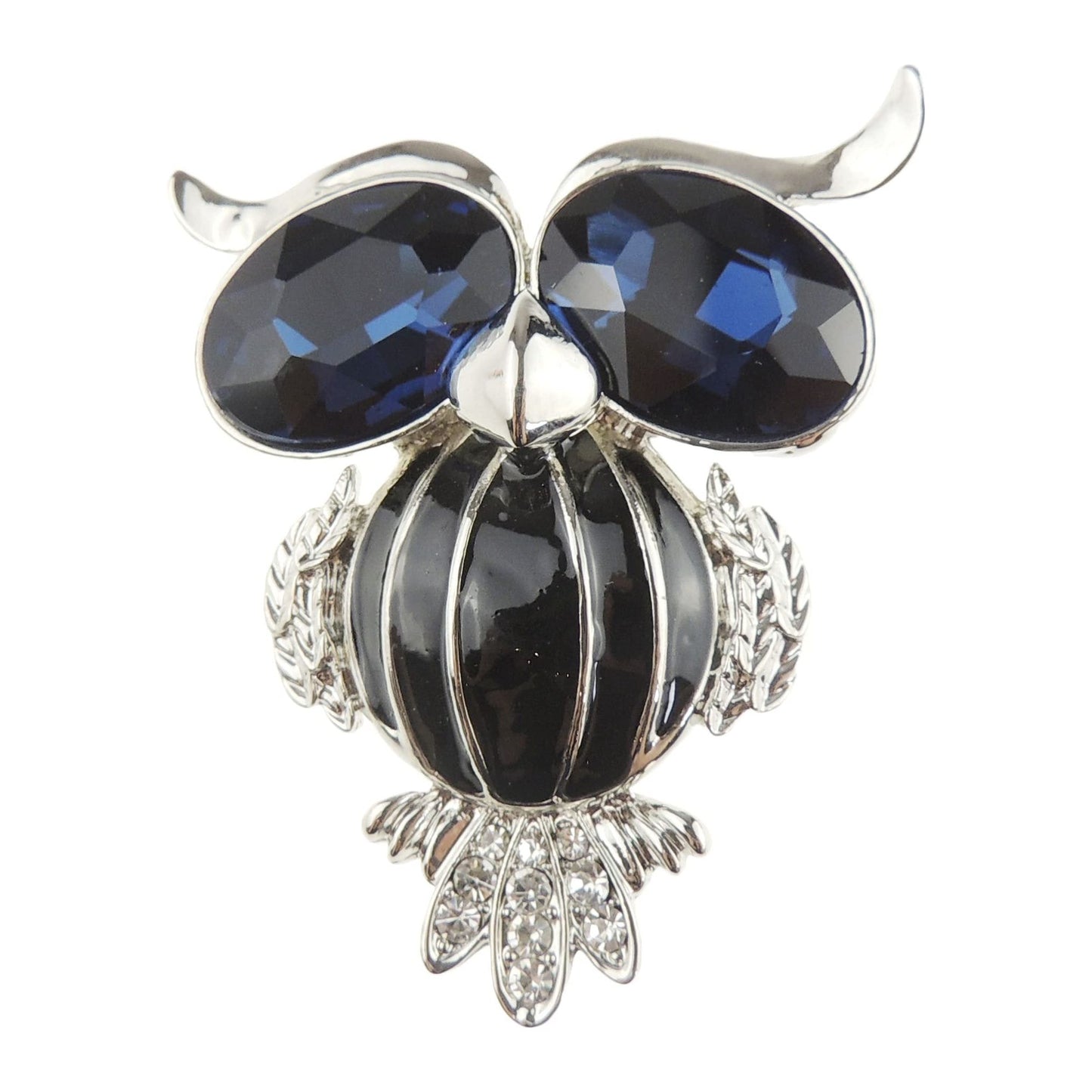 Ladies Mens Diamante Crystal Large Eyes Fat Owl Bird Brooch (Navy Silver Tone)