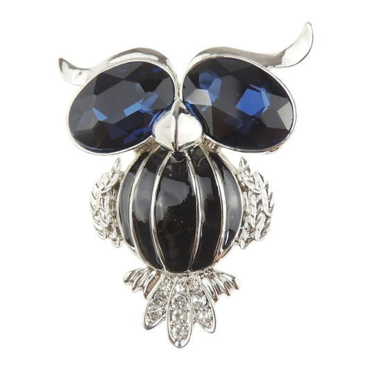 Ladies Mens Diamante Crystal Large Eyes Fat Owl Bird Brooch (Navy Silver Tone)