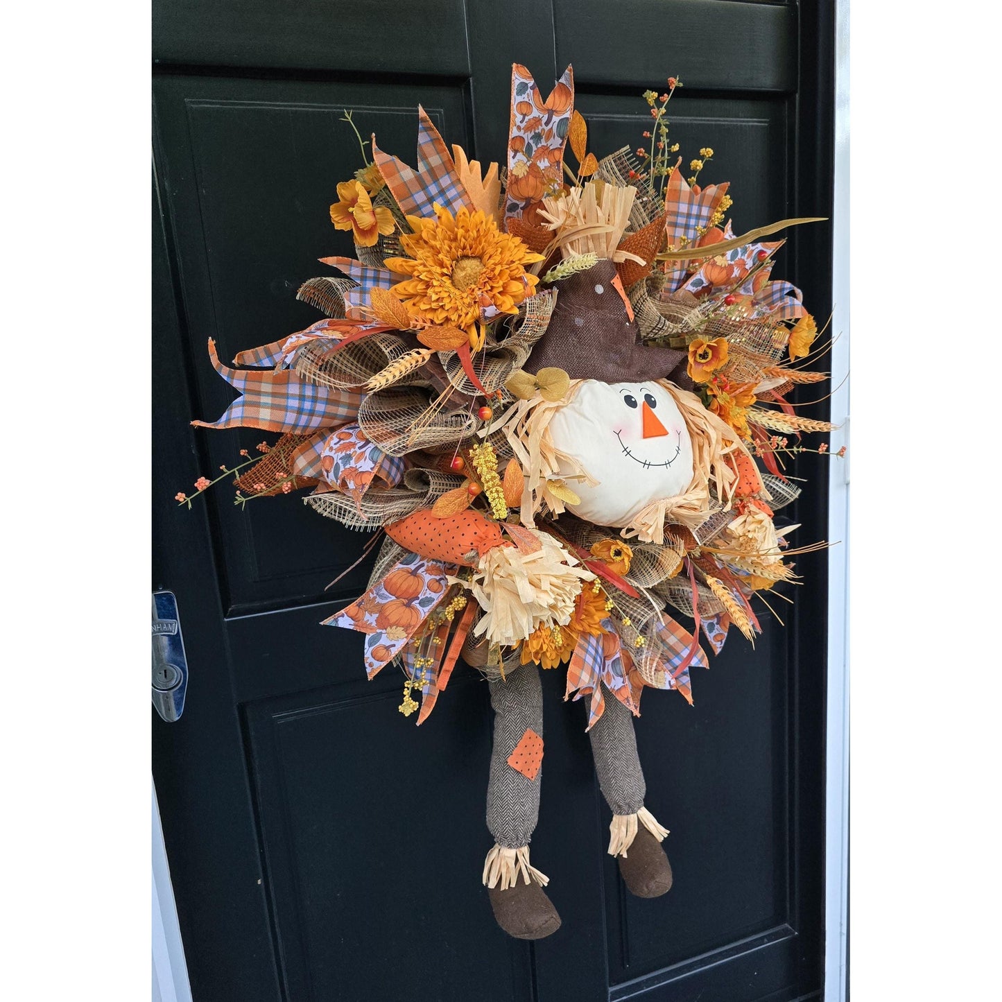 Large Autumn Fall Orange Scarecrow Harvest Front Door Wreath Luxury Rustic Wall Porch Hanger House Home Decor Decorations Thanksgiving Boho