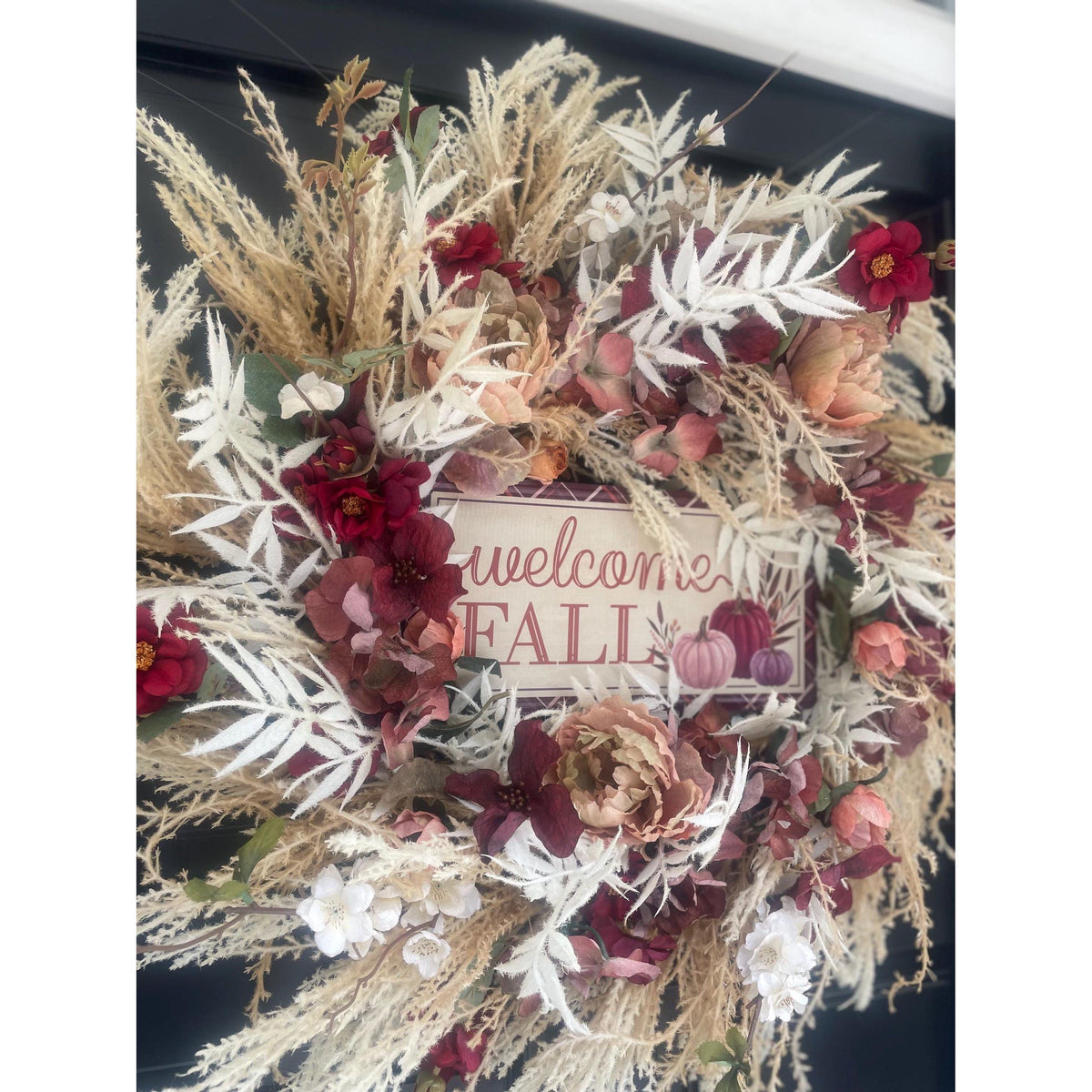 24" LARGE Welcome Fall Wreath, 60cm Autumn Front Door Wreath, Burgundy Cream Floral Harvest Wreath, Rustic Farmhouse Fall Door Decor