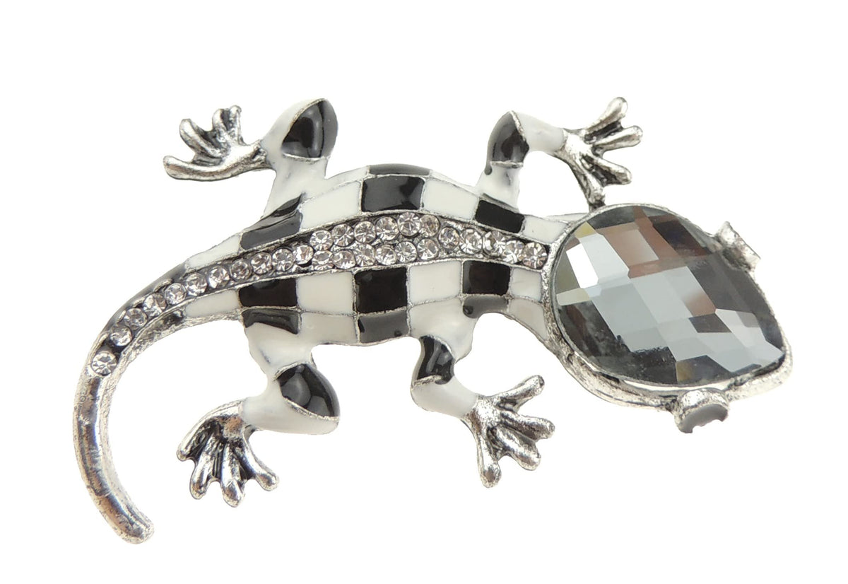 Mens Ladies Silver Tone Amphibian Lover Iguana Lizard Gecko Big Stone Brooch White Black