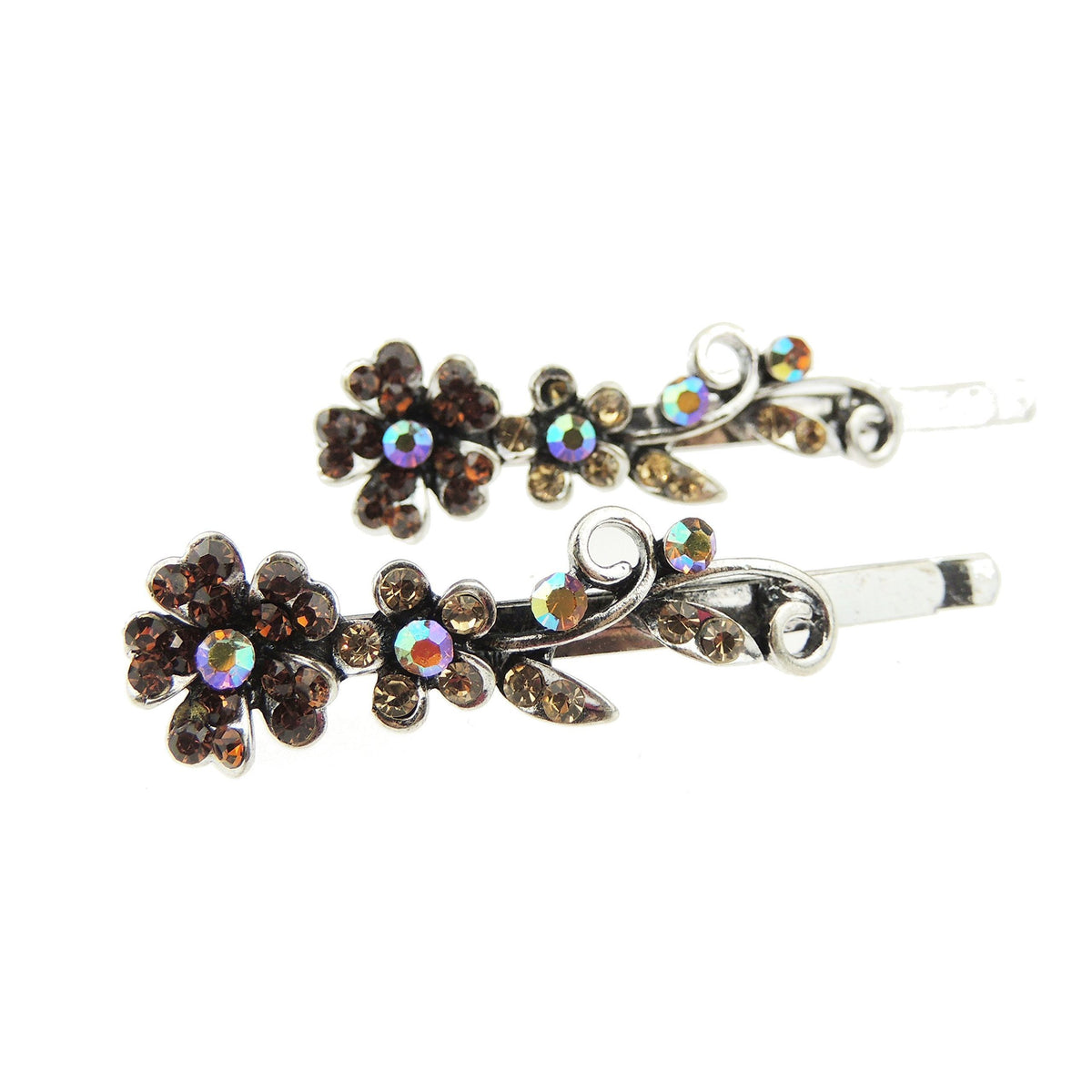Womens Silver Tone Sparkly Bow Rhinestone Jeweled Crystal Diamante Party Birthday Christmas Bridal Wedding Slides Hairpin Hair Clips Grips Bobby Pins Set of 2 Flower Floral Gold