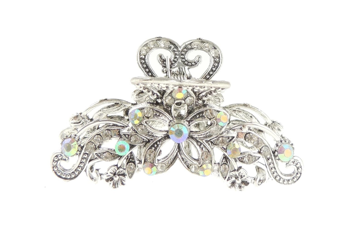 Womens Metal Wedding Rhinestone Crystal Bridal Bride Party Prom Strong Silver Tone Vintage Look Rose Flower Floral Hair Up Do Octopus Bulldog Crab Styling Claw Grip Clamp Clip AB Clear