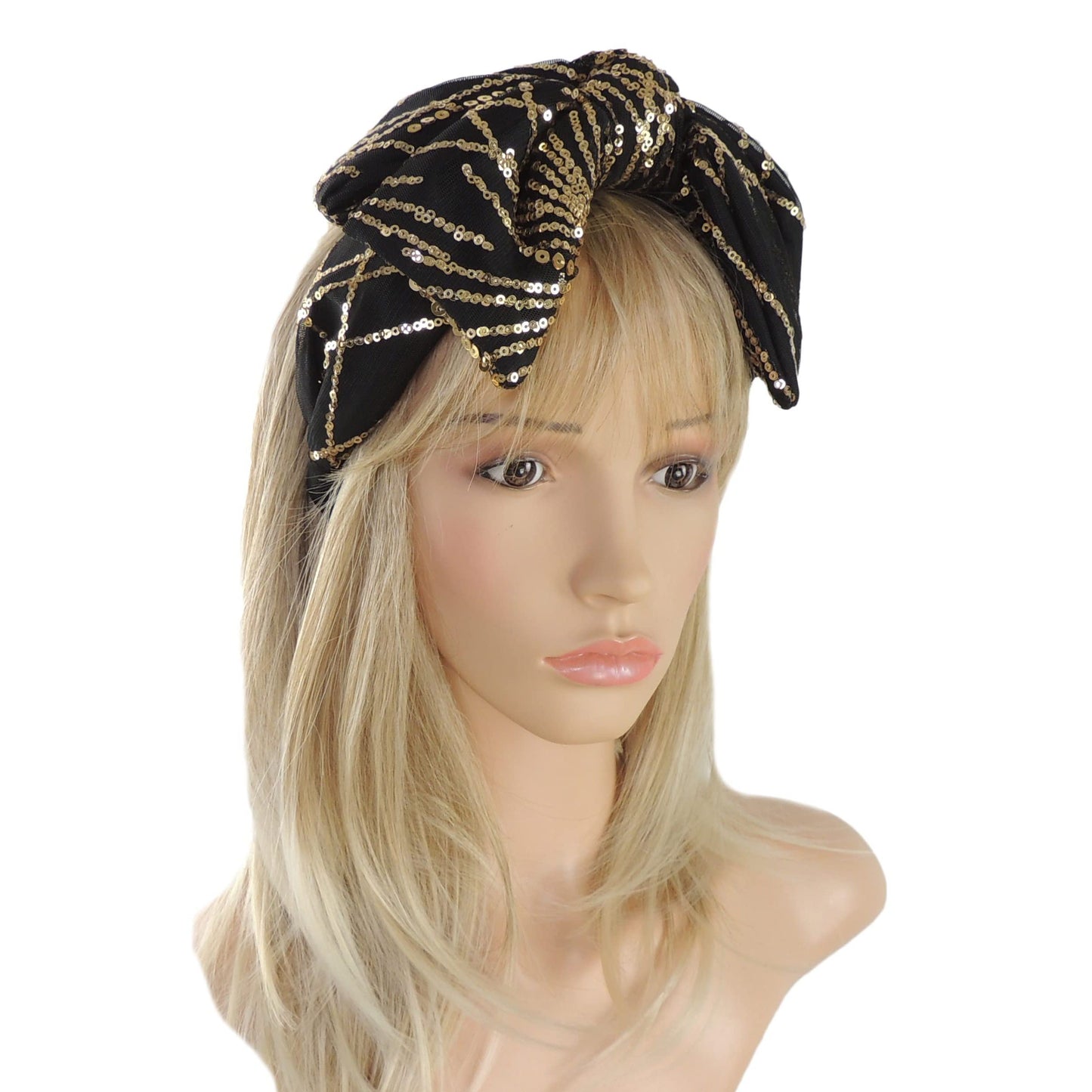 Ladies Sparkly Sequin Evening Party Big Full Bow Covered Headband Alice Band (White)