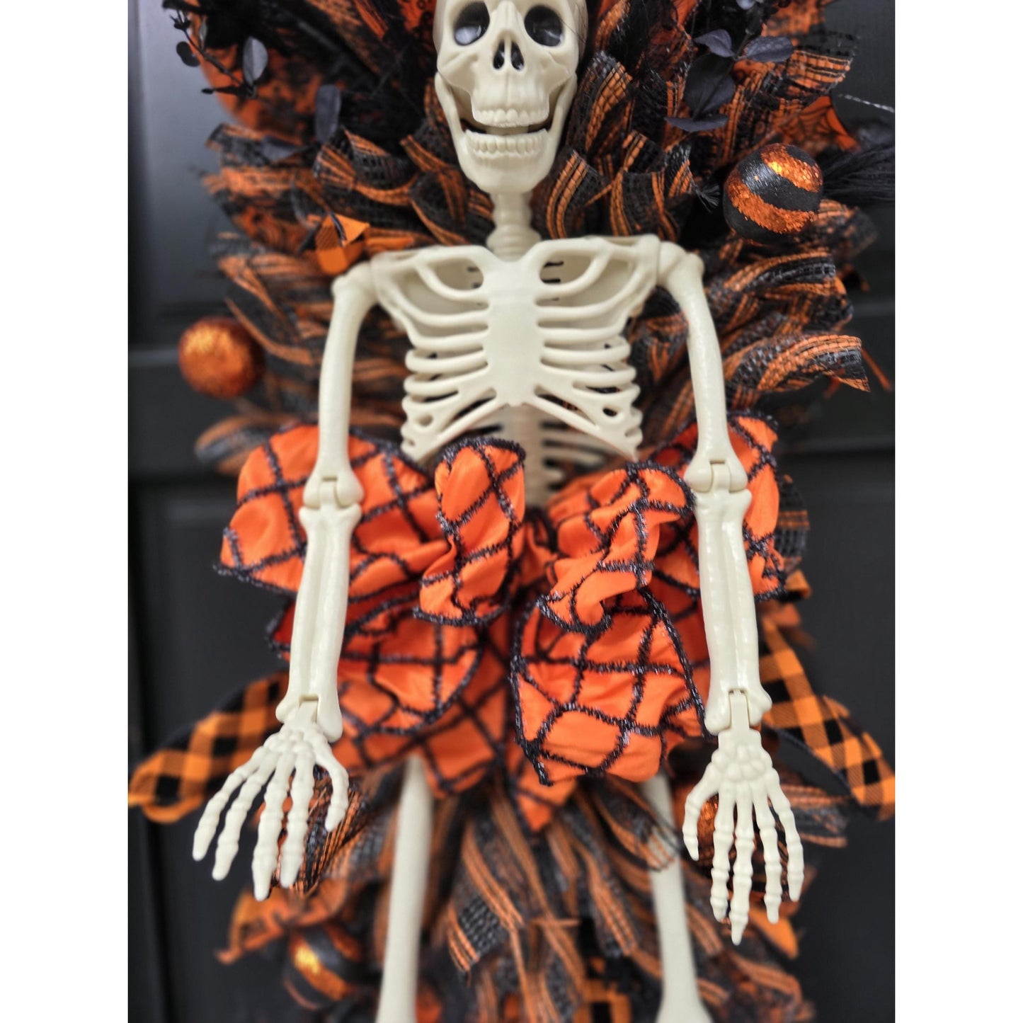 XXL Skeleton Orange Halloween Front Door Wreath Gothic Hanger Wall Porch Hanger Handmade House Home Decor Decorations Whimsical Skelly Glam