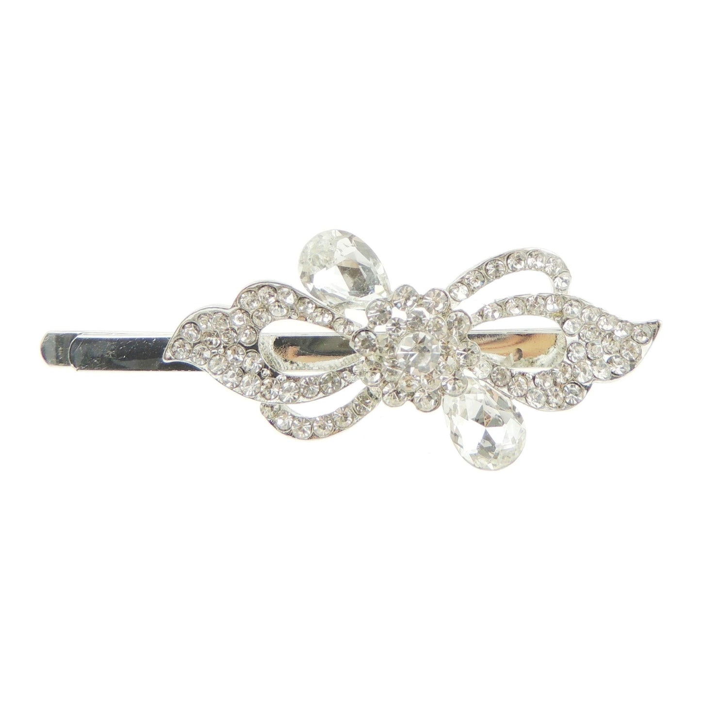 Womens Girls Extra Sparkly Bow Rhinestone Jeweled Crystal Diamante Party Birthday Christmas Bridal Wedding Accessories Slides Hairpin Hair Clips Grips Bobby Pin ONE Stencil Swirly Bow