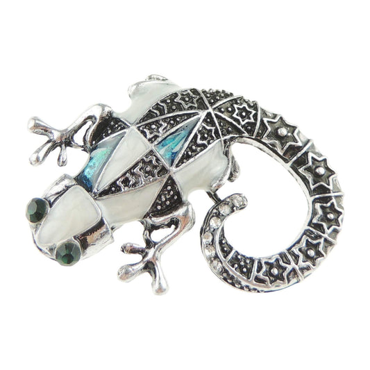 Mens Ladies Sparkly Coat Scarf Coat Jacket Shawl Scarf Diamante Rhinestone Crystal Brooch Badge Breastpin Corsage Pin Silver Tone Vintage Look Amphibian Lover Iguana Lizard Gecko Brooch White Blue
