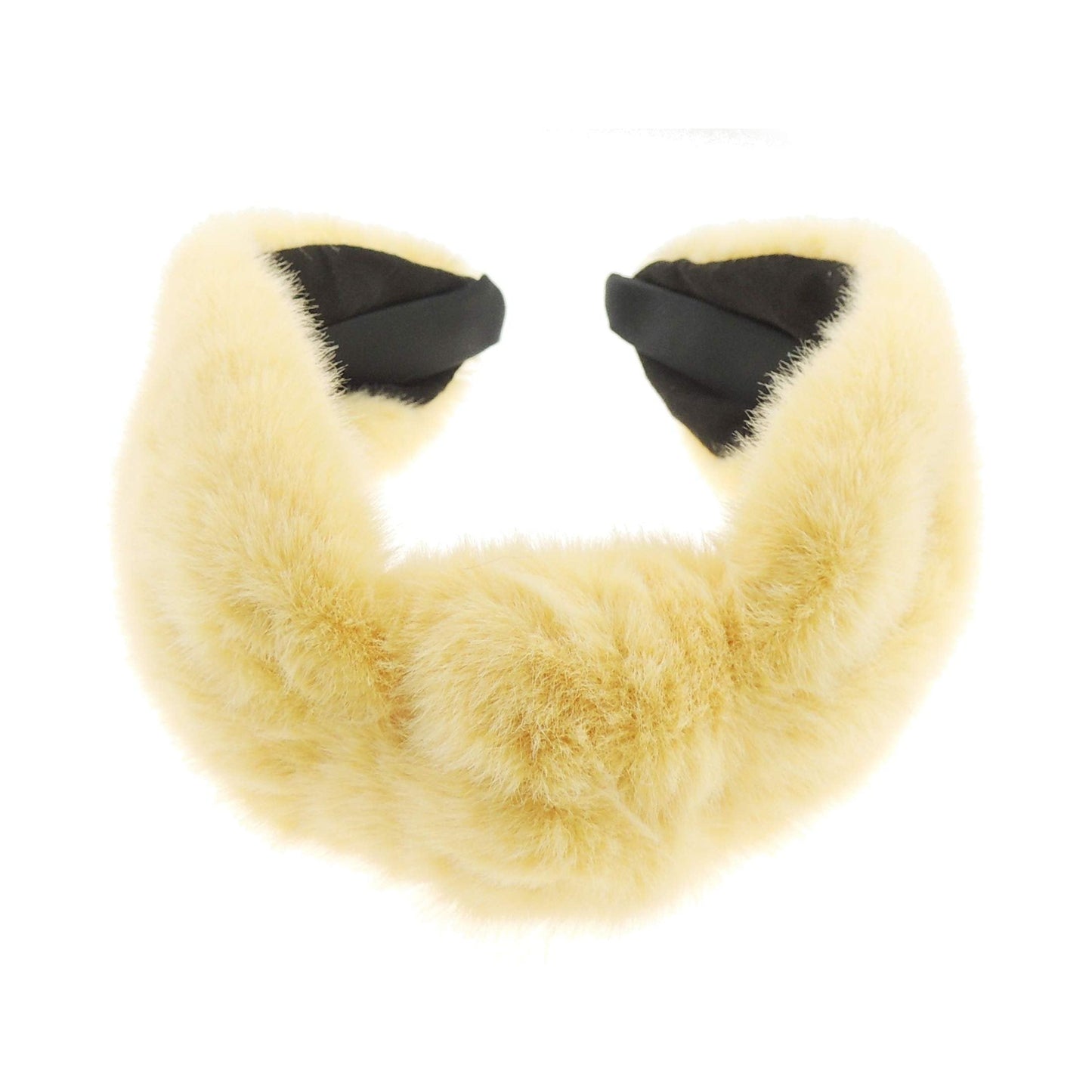 Womens Girls Wide Plush Faux Fur Fabric Boho Turban Top Knot Knotted Twisted Winter Christmas Birthday Wedding Bridesmaid Party Headpiece Accessories Hairband Head Hair Headband Alice Band Pale Yellow