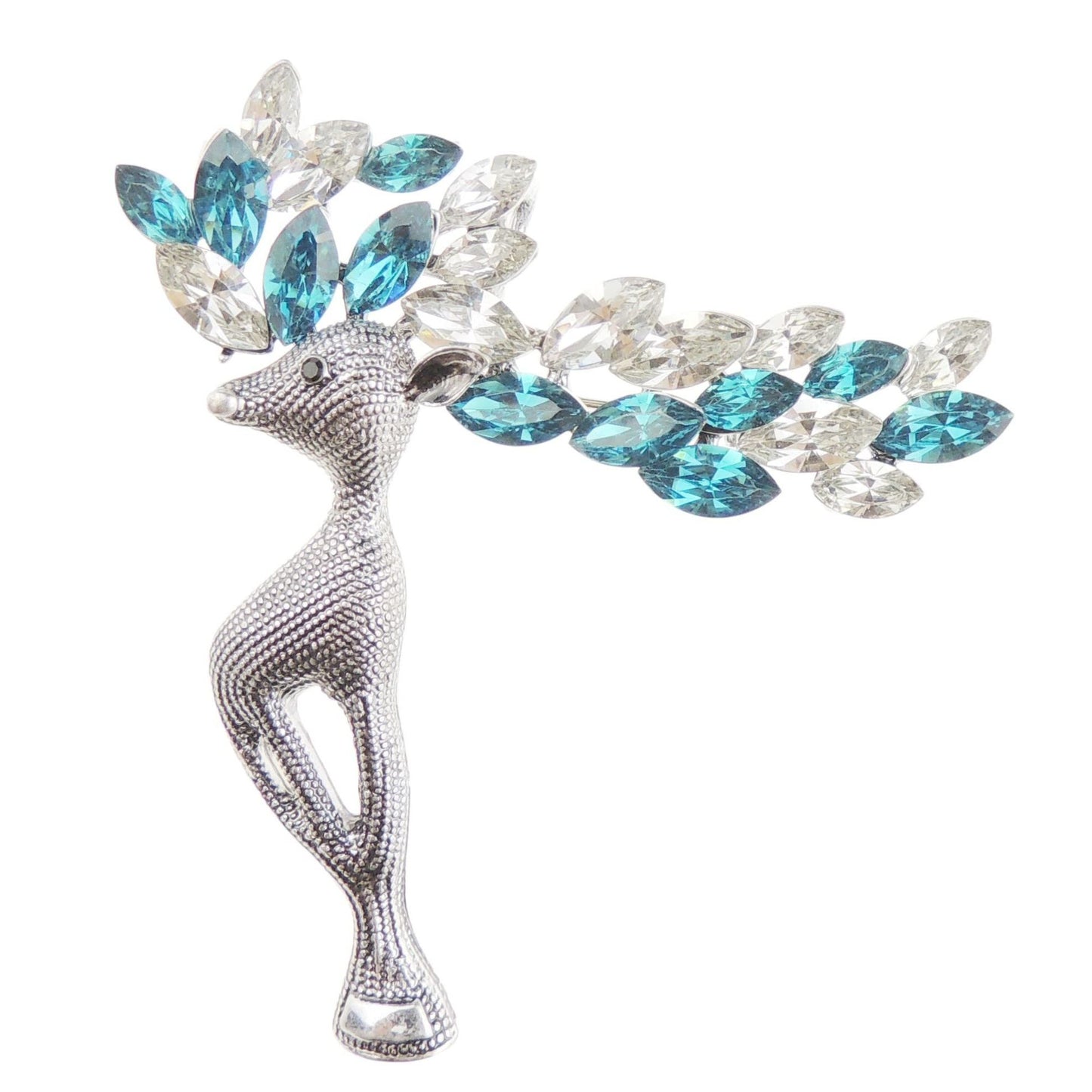 Ladies Silver Gold Tone Crystal Diamante Large Antlers Christmas Reindeer Stag Brooch Boxed (Dark Silver Tone Turquoise Clear)