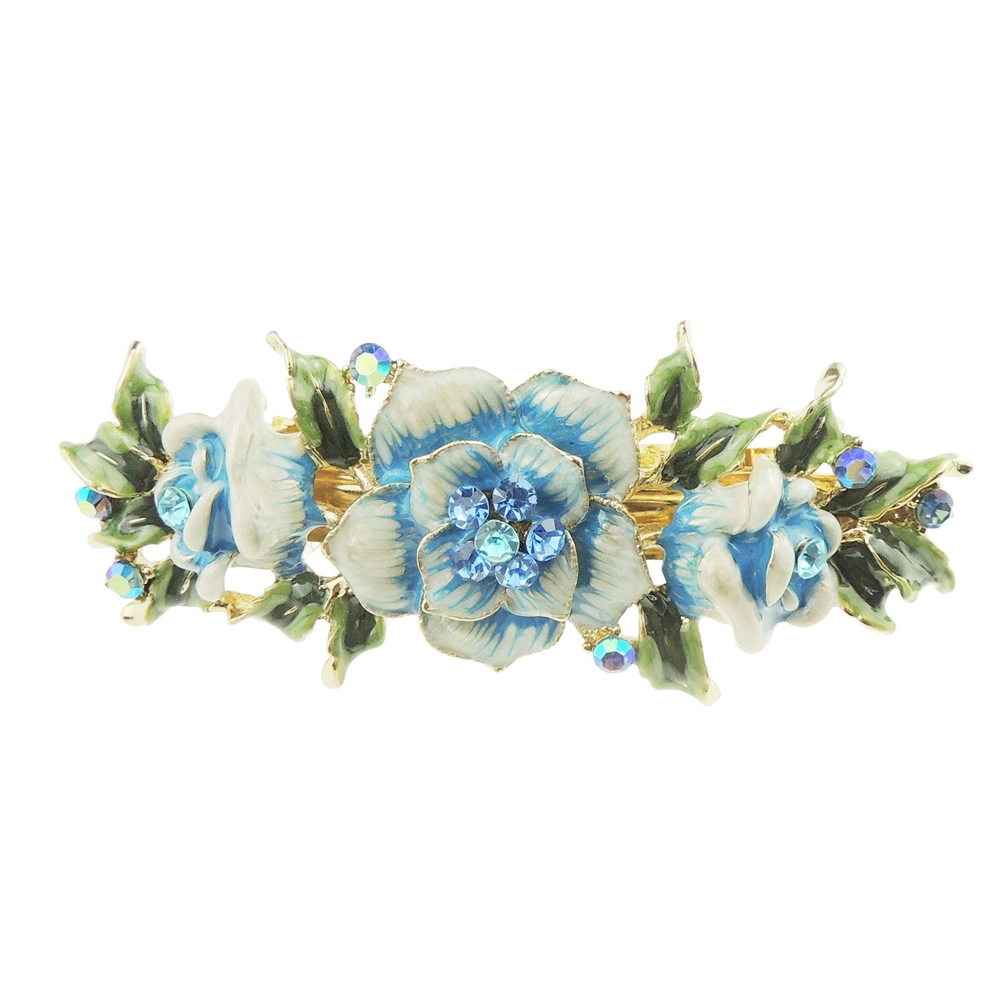Womens Girls Crystal Rhinestone Diamante Wedding Birthday Party Evening Ponytail Fine Medium Thick Hair Accessories Occasion Barrette Hairpin Grip French Spring Clip Enamel Rose Flower (Turquoise)