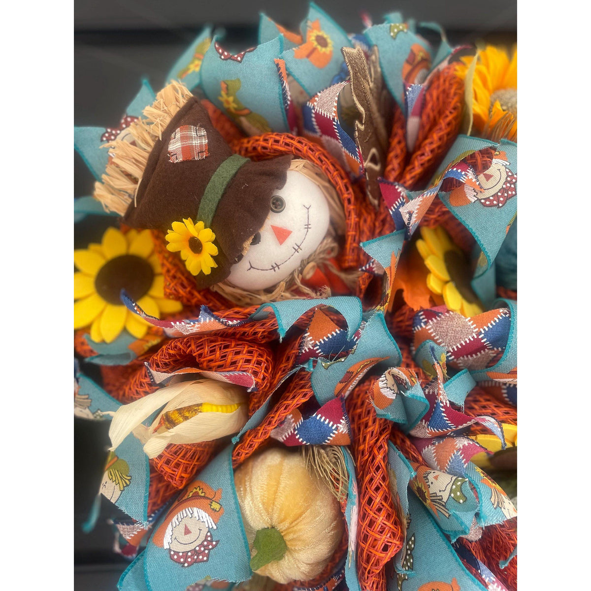 Scarecrow Rustic Fall Wreath Front Door,Pumpkin Handmade Harvest Door Decor,Country Autumn Wreath, Seasonal Decoration Teal Yellow Orange