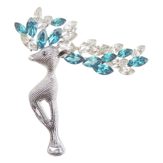 Ladies Silver Gold Tone Crystal Diamante Large Antlers Christmas Reindeer Stag Brooch Boxed (Dark Silver Tone Turquoise Clear)