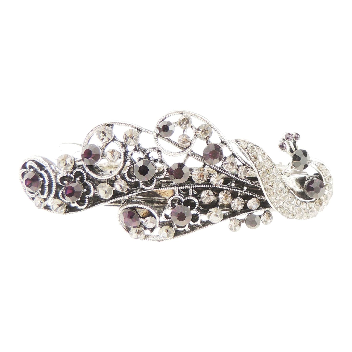 Womens Girls Crystal Rhinestone Diamante Wedding Birthday Party Evening Ponytail Hair Accessories Occasion Barrette Hairpin Vintage Look Dark Silver Tone Metal French Spring Clip Peacock (Blue)
