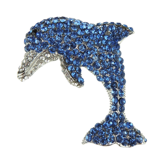 Womens Party Wedding Dress Christmas Birthday Saree Scarf Lapel Diamante Bling Crystal Brooch Badge Breastpin Corsage Pin Statement LARGE Blue Dolphin Ocean Sea Lover Silver Tone