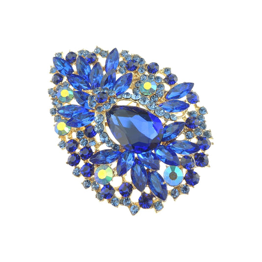 Women Extra Large Very Sparkly Bridal Wedding Dress Christmas Birthday Gift Scarf Lapel Diamante Diamonte Bling Crystal Rhinestone Floral 9cm Brooch Badge Breastpin Corsage Pin (Deep Blue)