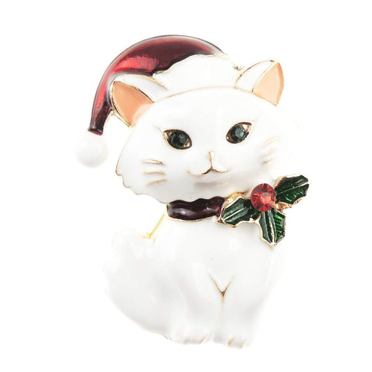 Sparkly Festive Christmas Season Gift Coat Scarf Coat Jacket Shawl Scarf Diamante Rhinestone Crystal Brooch Badge Breastpin Corsage Pin White Black Kitty Cat Lover Santa Hat