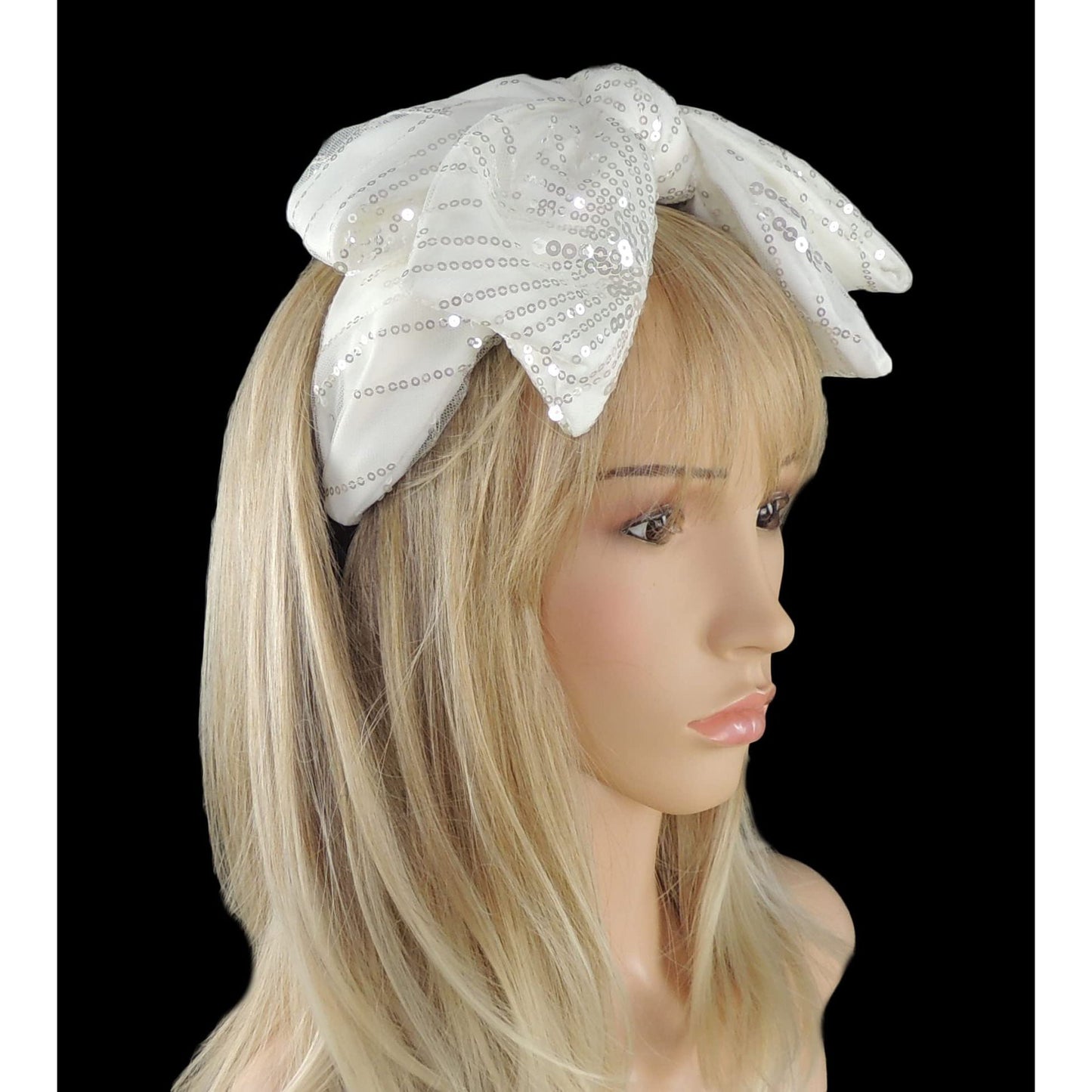 Ladies Sparkly Sequin Evening Party Big Full Bow Covered Headband Alice Band (White)