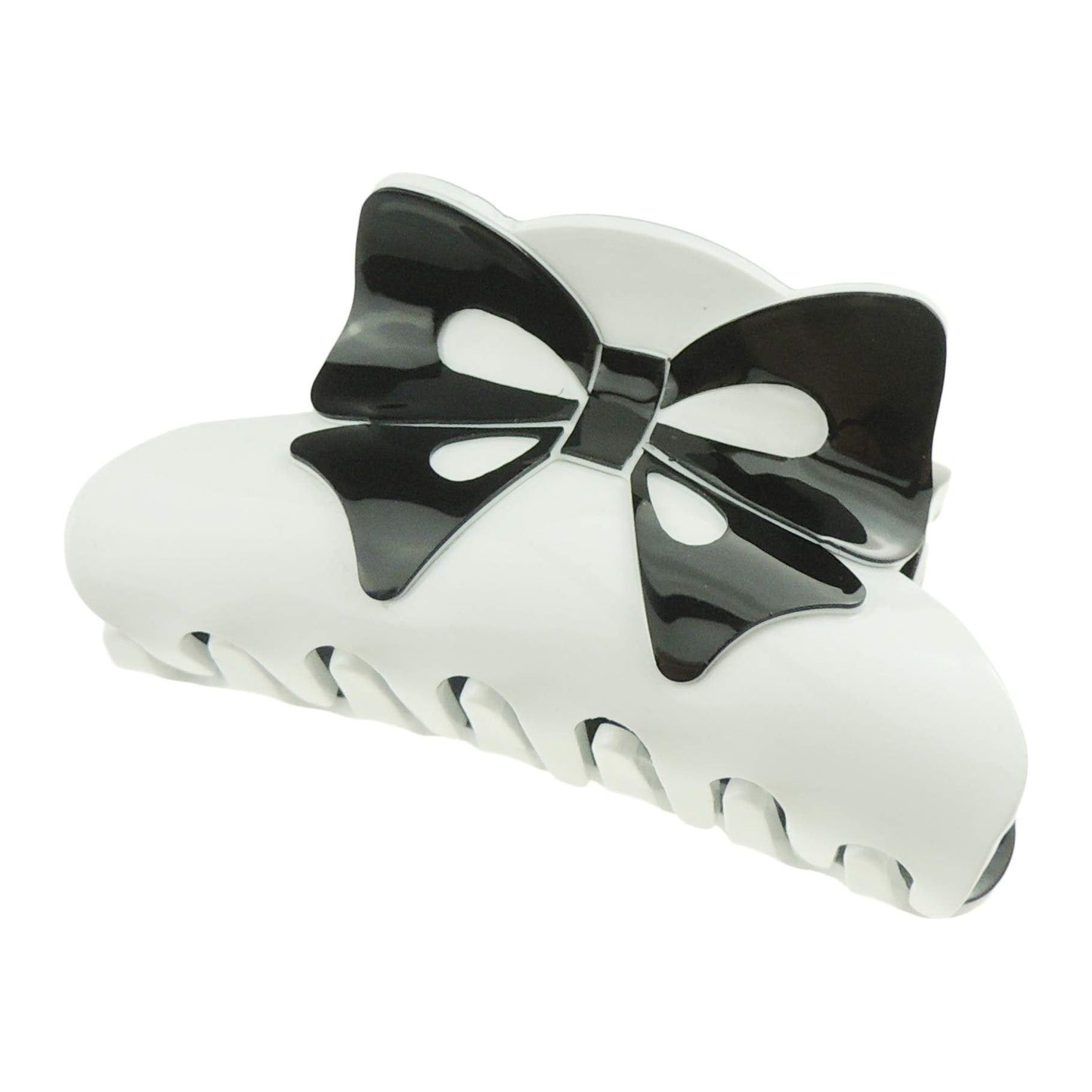 Strong Womens Girls Bulldog Wave Jaw Clip Octopus Clamp Grip Bridal Wedding Party Birthday Christmas Summer Styling Short Long Hair Claw Black White Print Bow Ribbon (Black White)