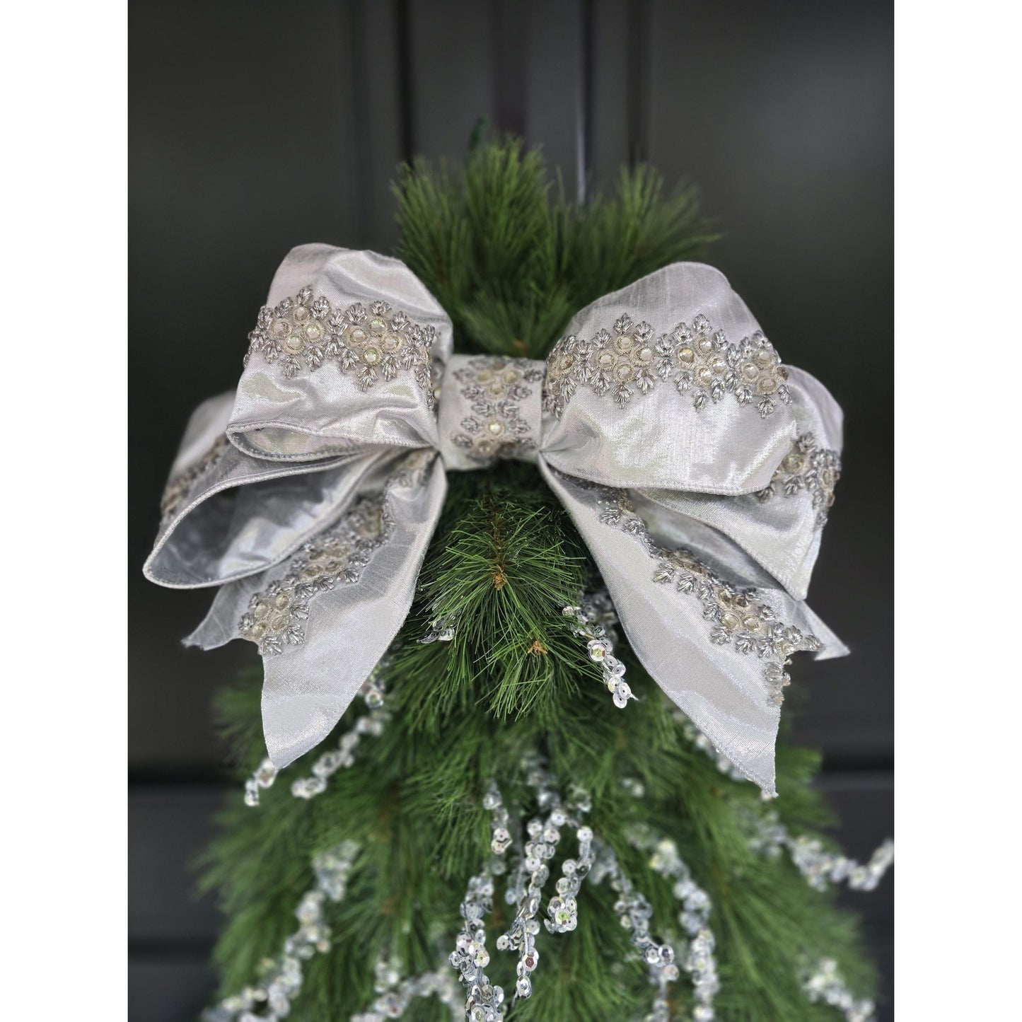 Large Luxury Christmas Tree Shaped Wreath Front Door Home Decorations Silver Green Xmas Winter Mantle Decor Porch Holiday Swag Designer Glam