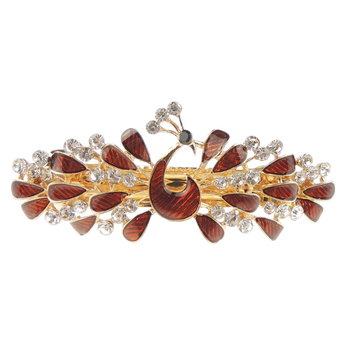 Womens Girls Crystal Rhinestone Diamante Wedding Birthday Party Evening Ponytail Fine Medium Hair Occasion Barrette Hairpin Grip French Spring Clip Metal Enamel Peacock Bird Feathers (Brown)