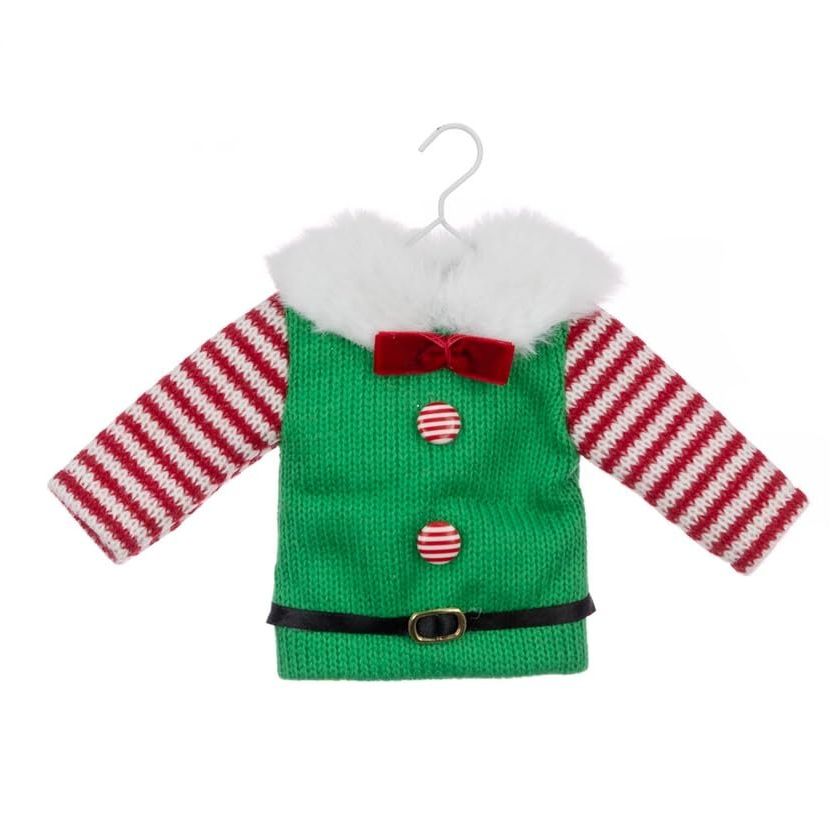 Festive Red & Green Knit Crochet Elf Jumper Christmas Tree Decoration Hanging Ornament Bauble Traditional Holiday Decor Kids Gift Xmas Trendy