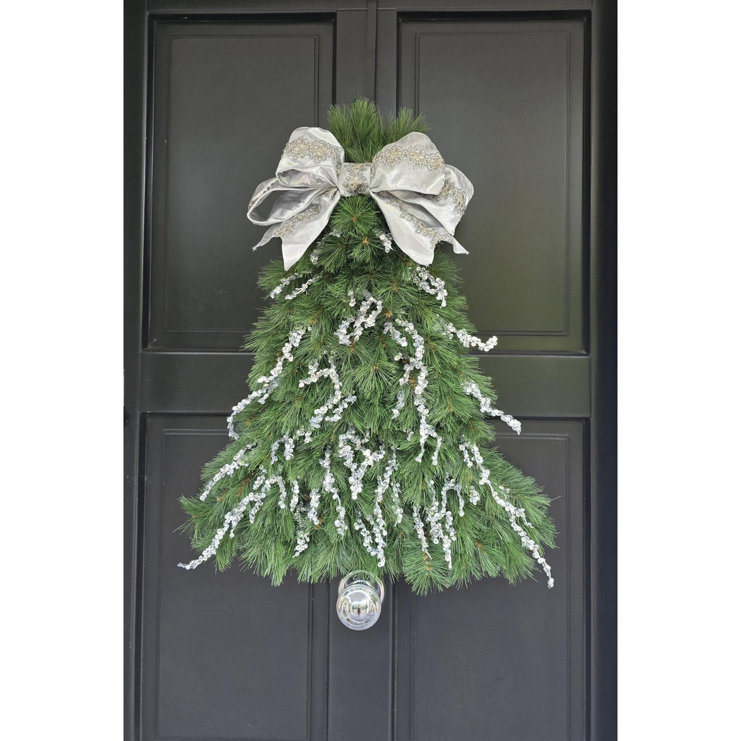 Large Luxury Christmas Tree Shaped Wreath Front Door Home Decorations Silver Green Xmas Winter Mantle Decor Porch Holiday Swag Designer Glam