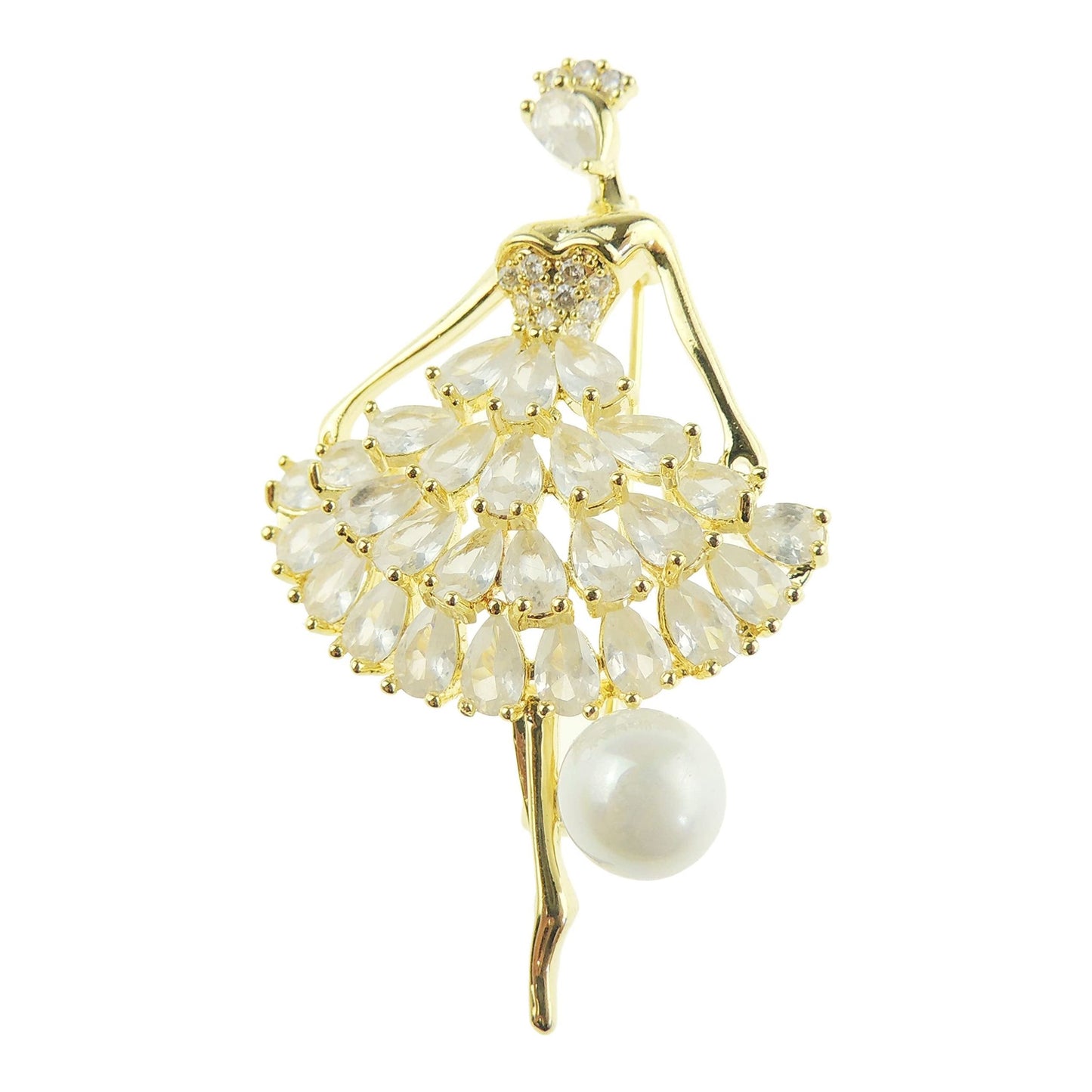 Ladies Beautiful Crystal Diamante Faux Pearl Ball Evening Lapel Brooch Dancing Lady Ballerina Tutu (Pink Silver Tone)