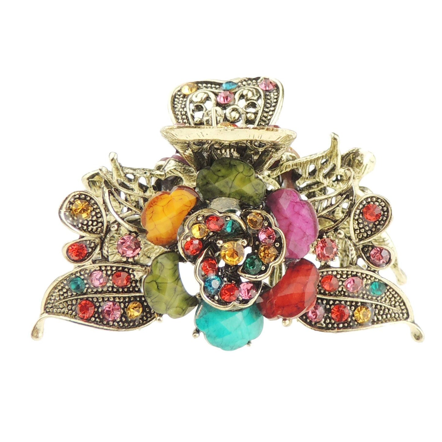 Womens Metal Wedding Rhinestone Crystal Bridal Bride Party Prom Strong Gold Tone Vintage Look Rose Flower Hair Accessory Up Do Octopus Bulldog Crab Styling Claw Grip Clamp Clip