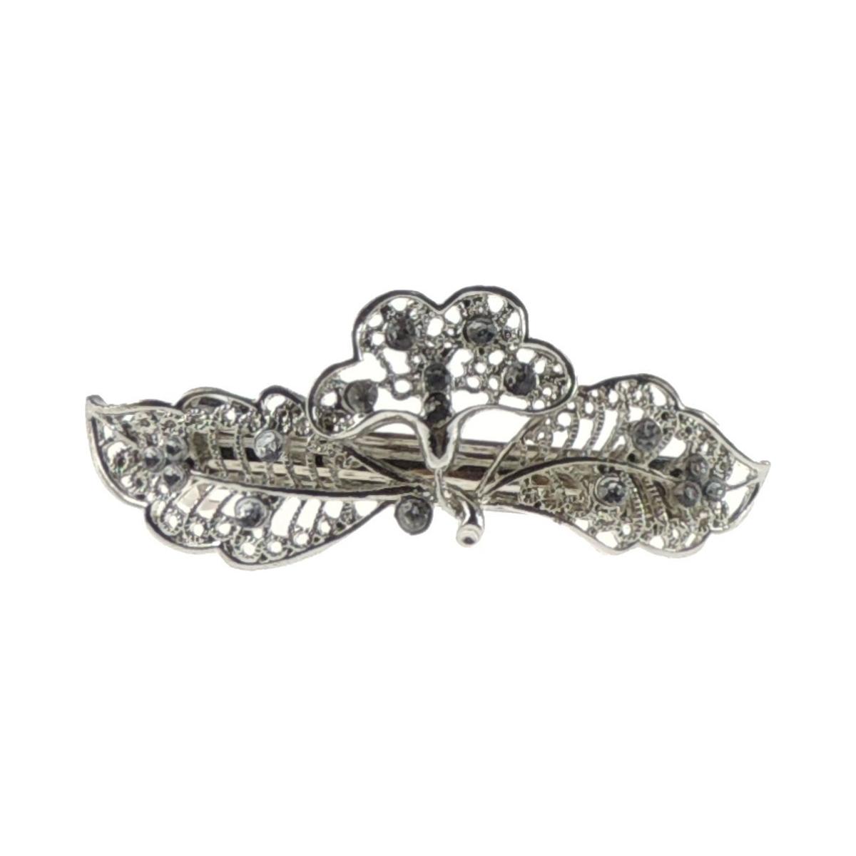 Womens Girls Diamante Crystal Stone Wedding Birthday Party Evening Ponytail Fine Medium Hair Accessories Occasion Barrette Hairpin Grip French Spring Clip Vintage Look 7.5cm Silver Tone Metal Butterfly